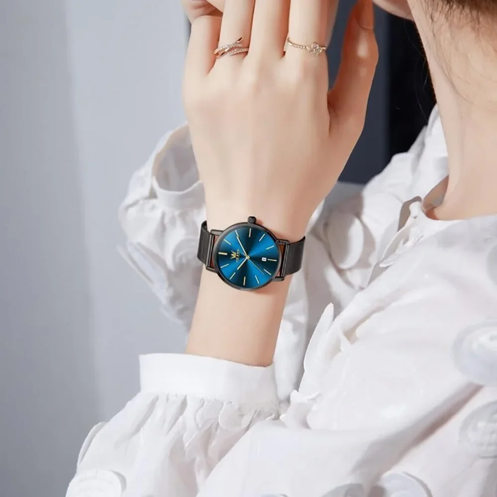 Women's Blue Black Watches for Ladies Female Wrist Watch Leather Band Waterproof